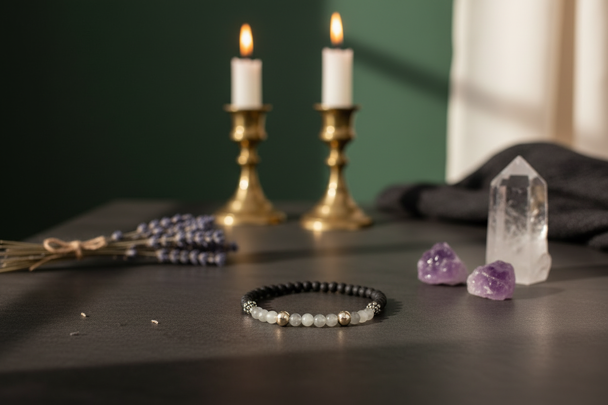 A beaded bracelet with black and white beads sits on a dark tabletop, styled with candles, crystals, and lavender in a moody setting.