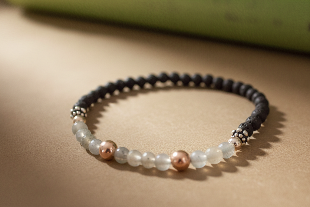 Close-up of Shadowseer Bracelet by Jewellery by JN, highlighting the labradorite, volcanic rock, and sterling silver bead details