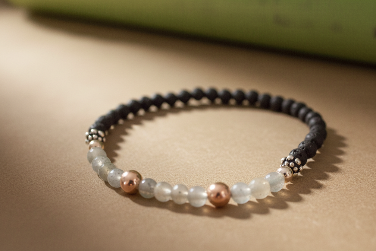 Close-up of Shadowseer Bracelet by Jewellery by JN, highlighting the labradorite, volcanic rock, and sterling silver bead details