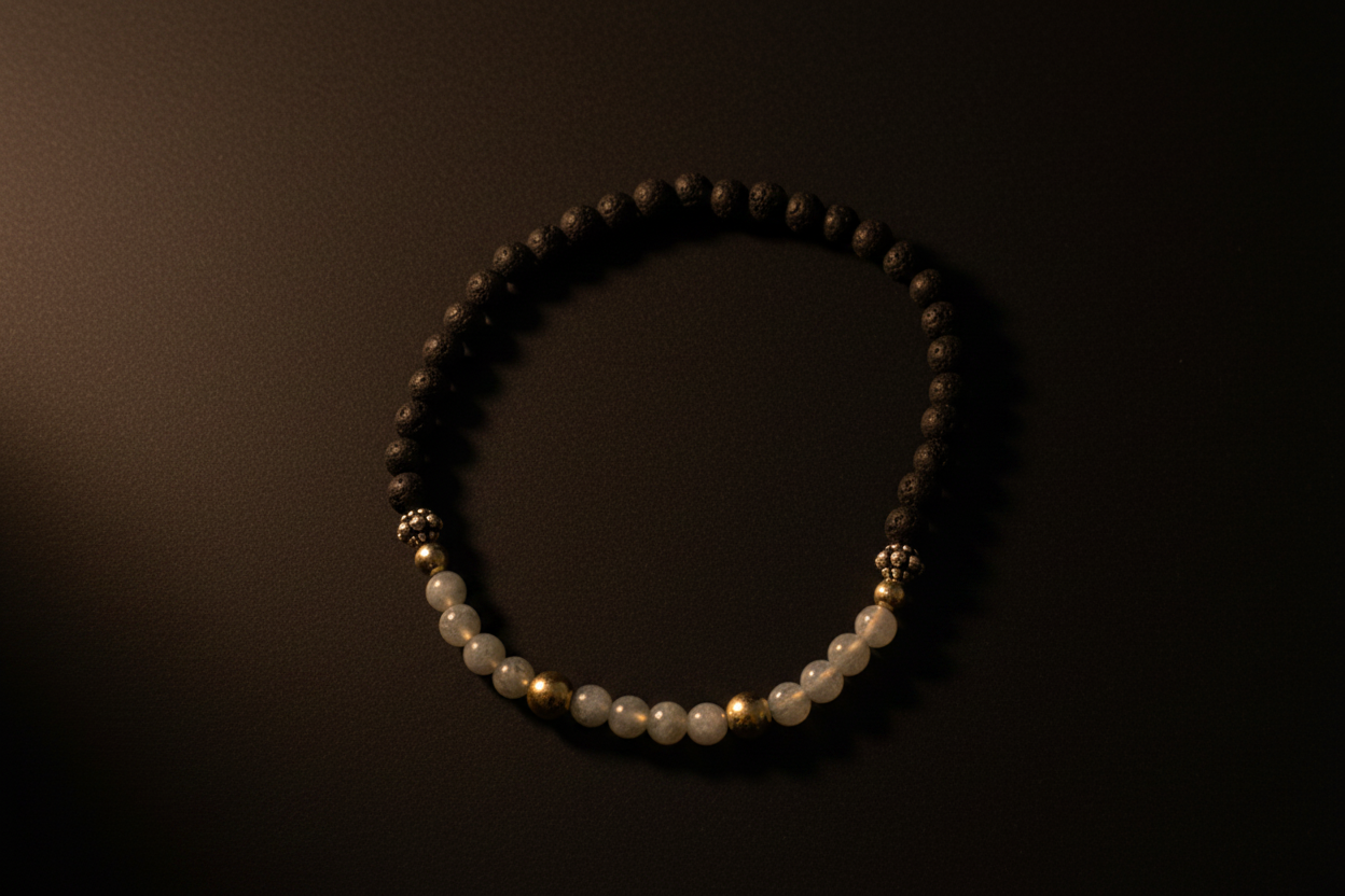 A beaded bracelet with dark brown and white beads separated by small gold spacer beads, displayed on a dark background.