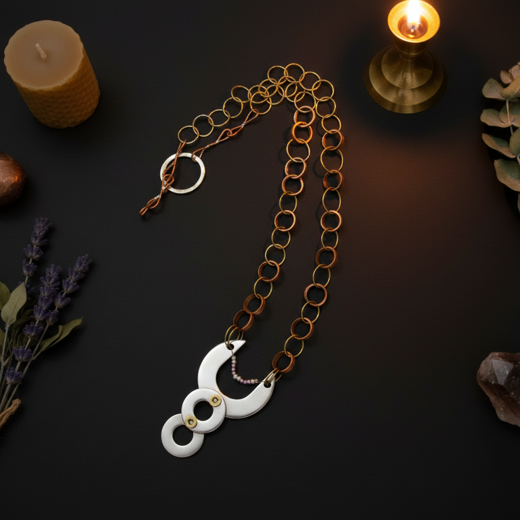 A bohemian-style necklace featuring a white ceramic crescent moon and ring pendant with a bronze chain, styled on a dark background with candles and dried botanicals.