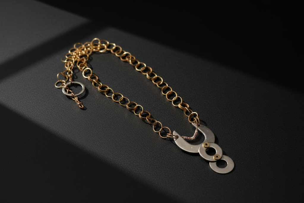 A gold chain bracelet with a unique pendant featuring three interlocking circular cutouts, displayed on a dark textured surface.