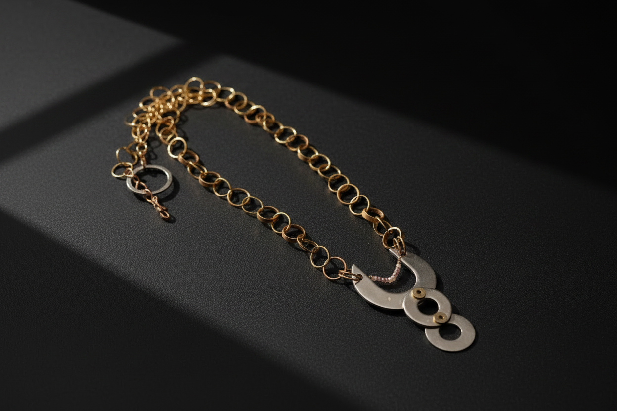 A gold chain bracelet with a unique pendant featuring three interlocking circular cutouts, displayed on a dark textured surface.