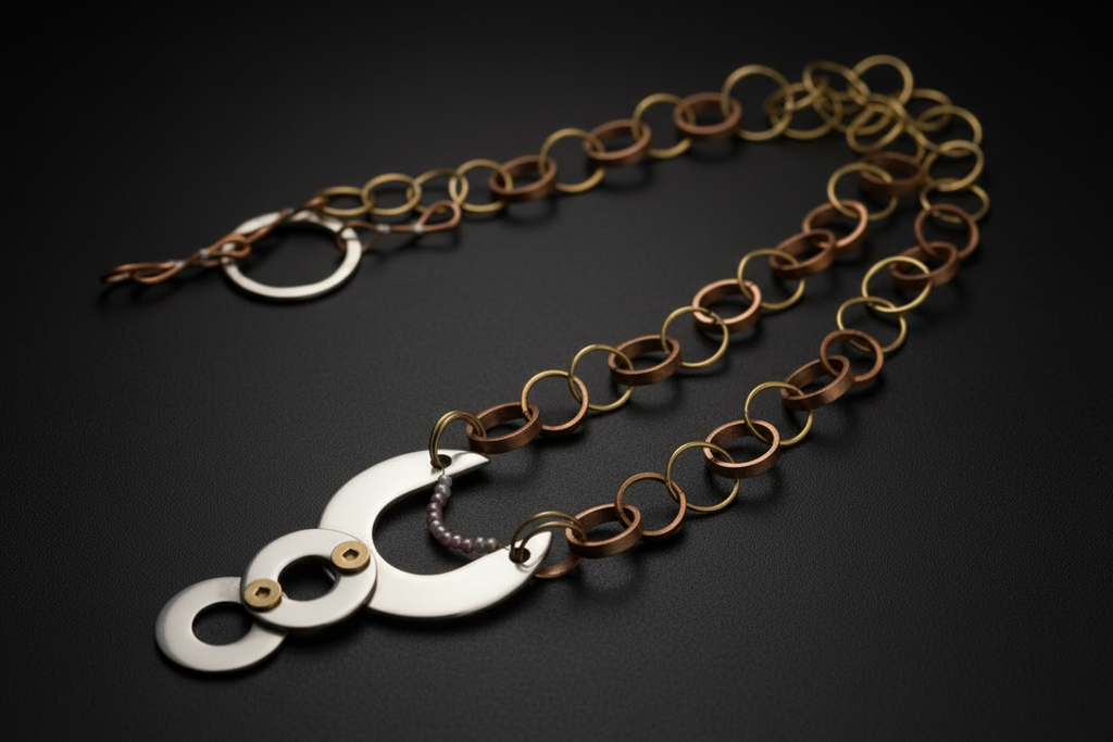 A handmade link chain necklace featuring alternating bronze and gold-toned metal rings, with a central silver crescent moon and disc pendant accented by small gold and purple details, displayed on a dark background.