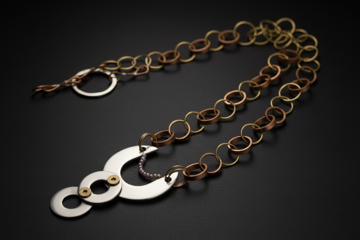A handmade link chain necklace featuring alternating bronze and gold-toned metal rings, with a central silver crescent moon and disc pendant accented by small gold and purple details, displayed on a dark background.