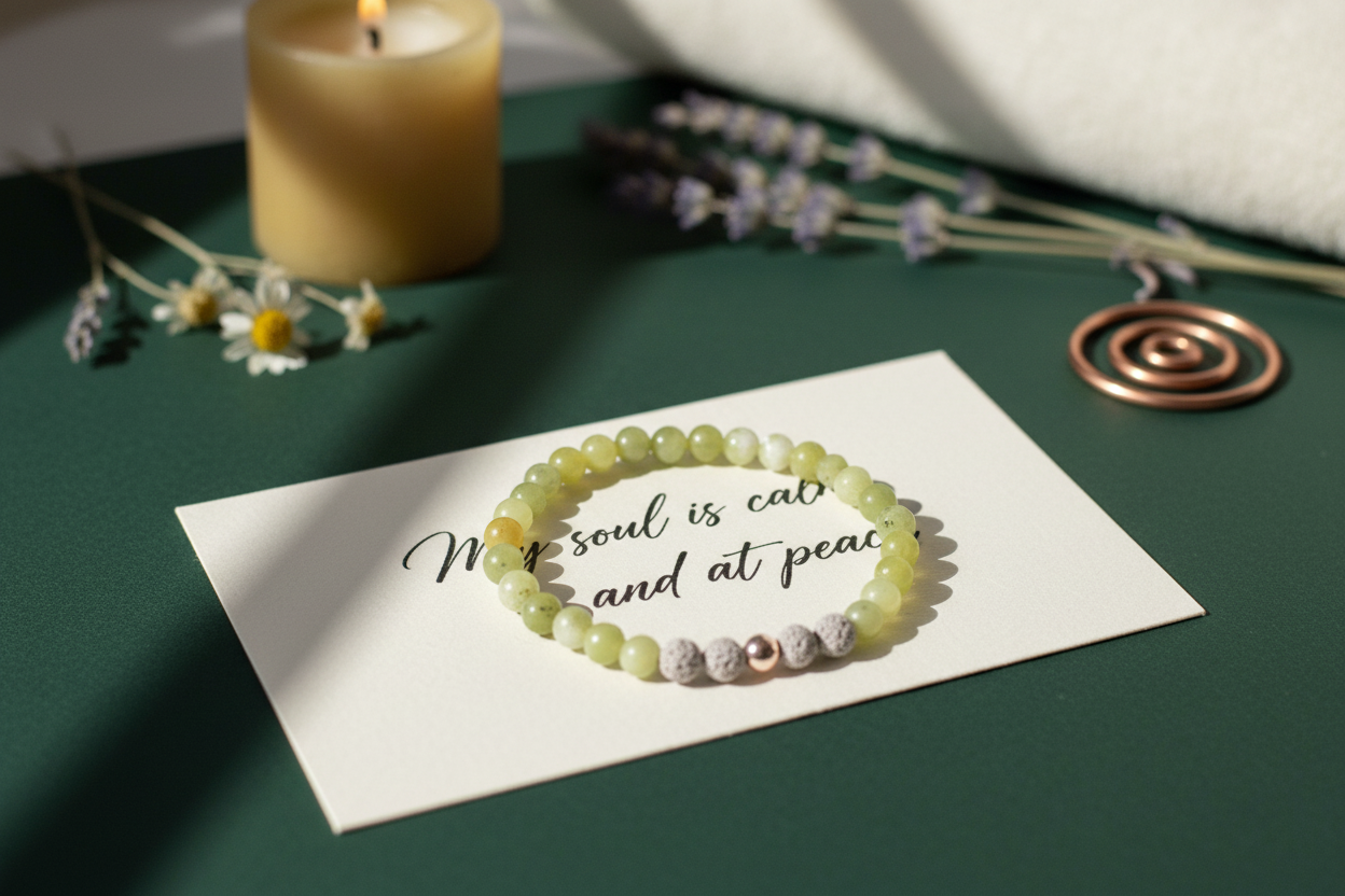Stonecloak Bracelet by Jewellery by JN with handwritten affirmation card, styled with ritual props on a creamy background.