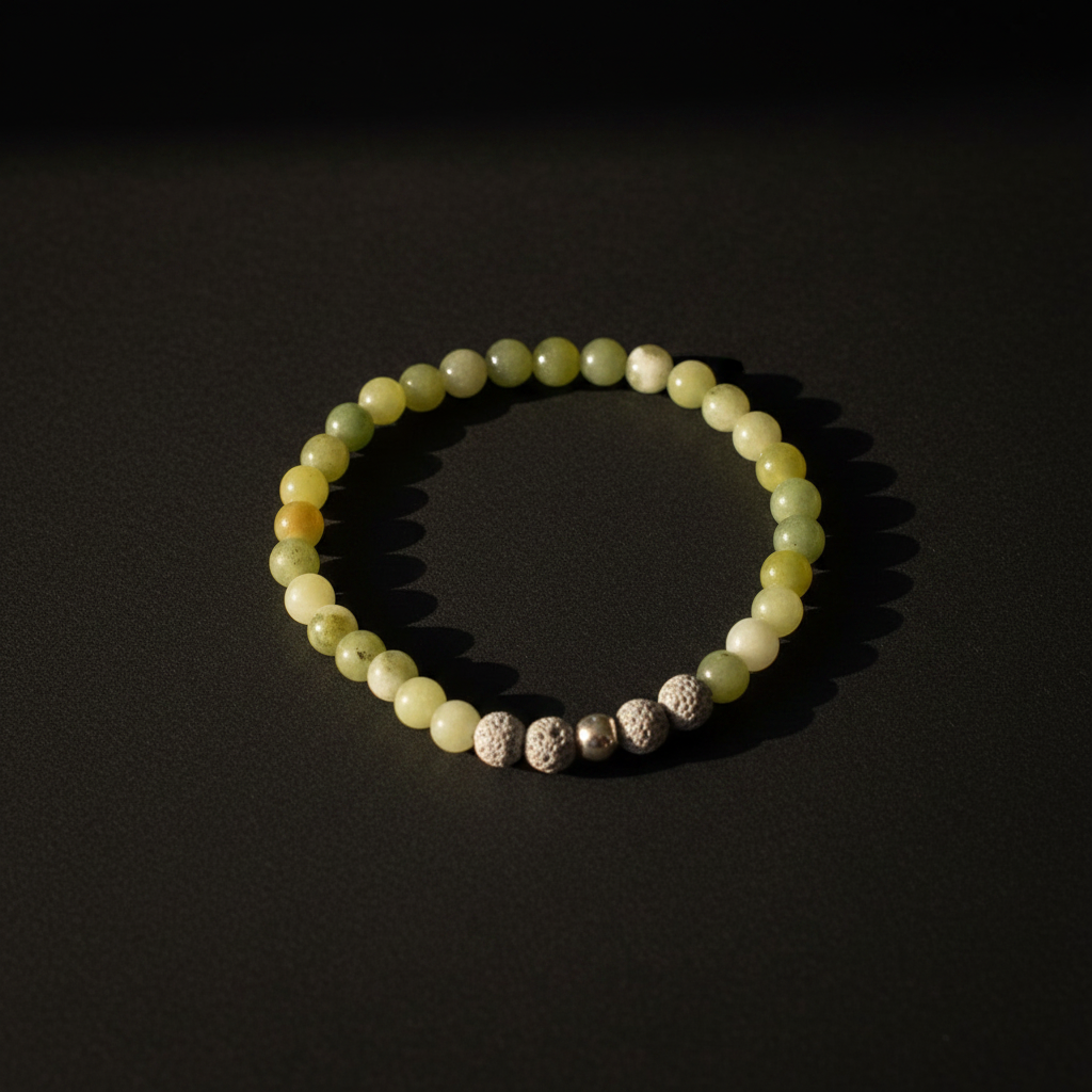 A beaded stretch bracelet made of pale yellow-green and white marbled beads, accented by three textured metallic spacer beads, photographed on a dark background with dramatic side lighting.