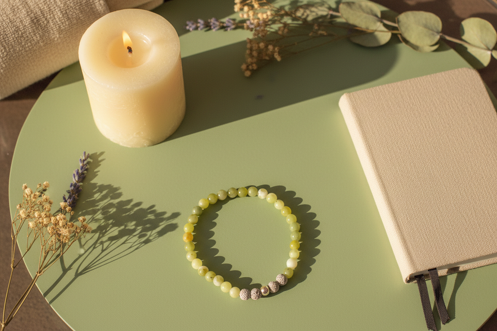 Beaded bracelet on a green surface with a lit candle and notebook in the background