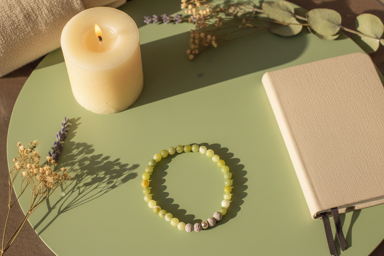 Beaded bracelet on a green surface with a lit candle and notebook in the background