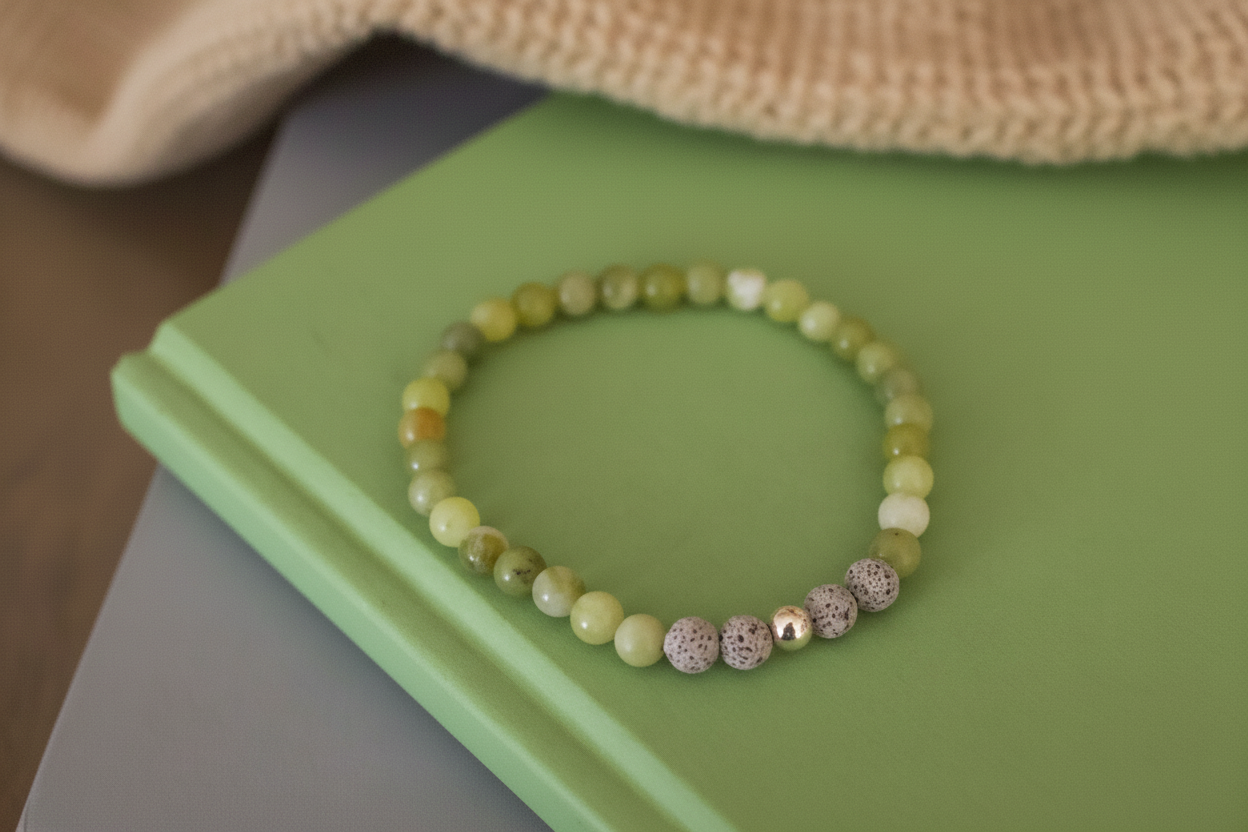 Close-up of Stonecloak Bracelet by Jewellery by JN, highlighting the Canadian jade, grey volcanic rock, and sterling silver bead details.