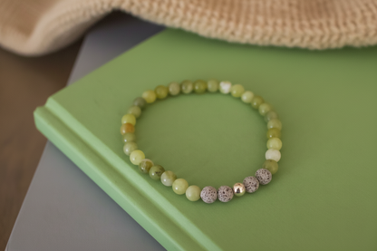 Close-up of Stonecloak Bracelet by Jewellery by JN, highlighting the Canadian jade, grey volcanic rock, and sterling silver bead details.