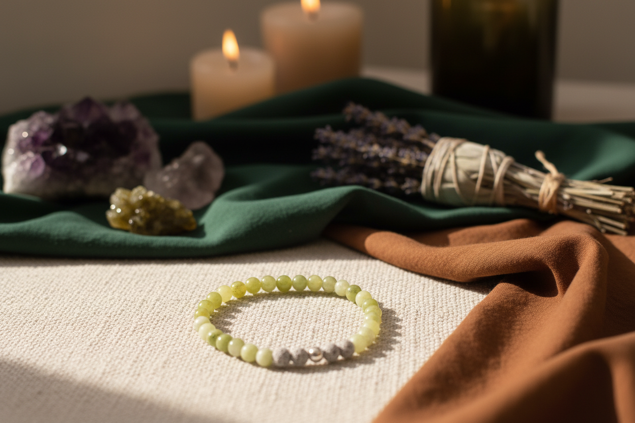 Stonecloak Bracelet styled with ritual props, featuring Canadian jade, grey volcanic rock, and a silver accent bead, Jewellery by JN.