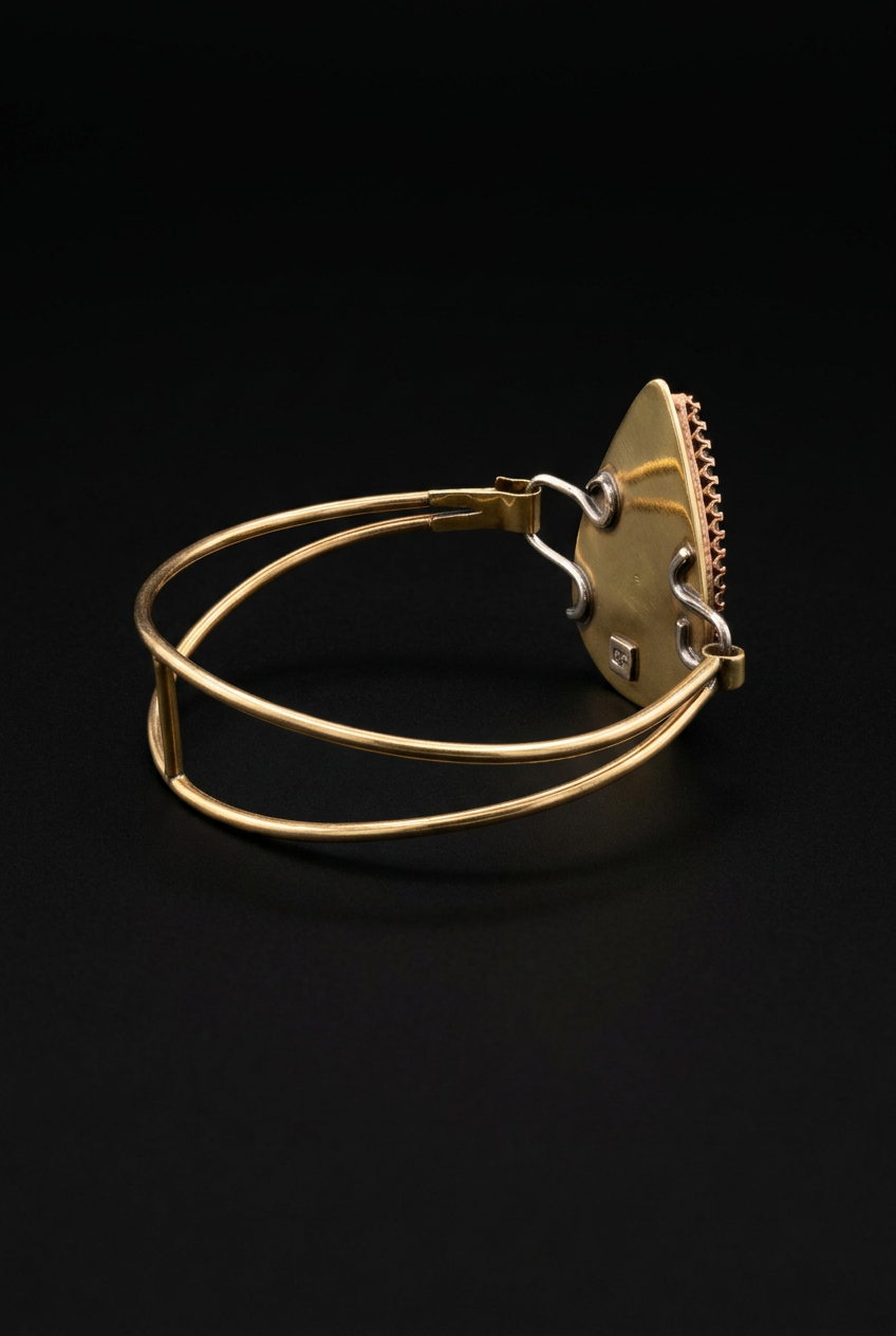 Three-quarter back view of a handcrafted mixed-metal bangle bracelet highlighting the double brass wire band structure, patinated backplate with hallmark, and silver clasp mechanism resting on a dark surface.
