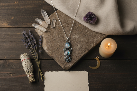 Jewelry necklace on a mannequin bust with a candle and bowl in the background