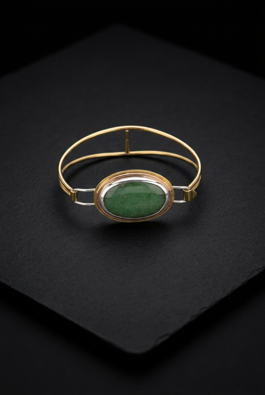 Direct top-down view of a handcrafted mixed-metal oval bangle bracelet showcasing a smooth green aventurine gemstone in a multi-tonal bezel and double brass wire frame on a dark slate surface.