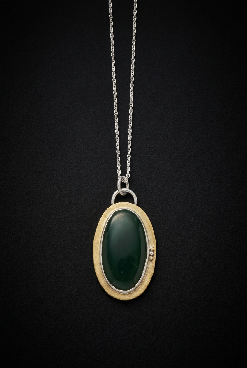 Handcrafted oval green aventurine pendant featuring a smooth cabochon gemstone set in a patinated brass bezel frame with silver accent beads and top bail loop resting on a dark moody surface.