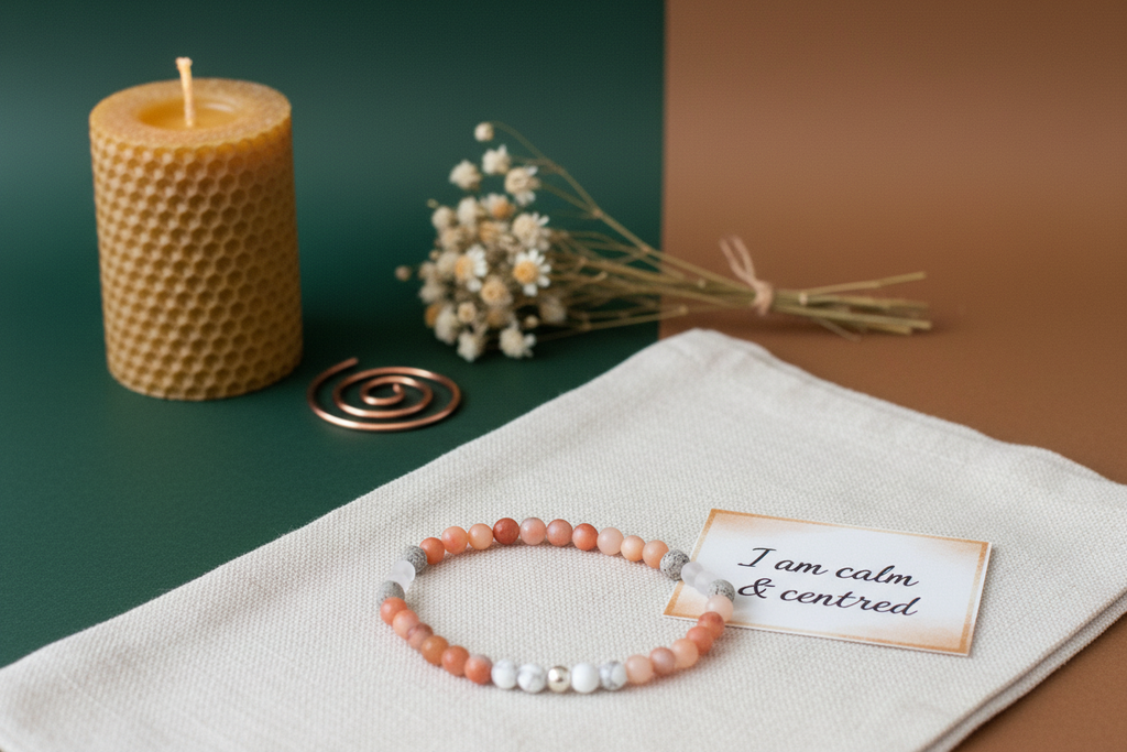 Beaded bracelet on a white cloth with a candle and flowers in the background