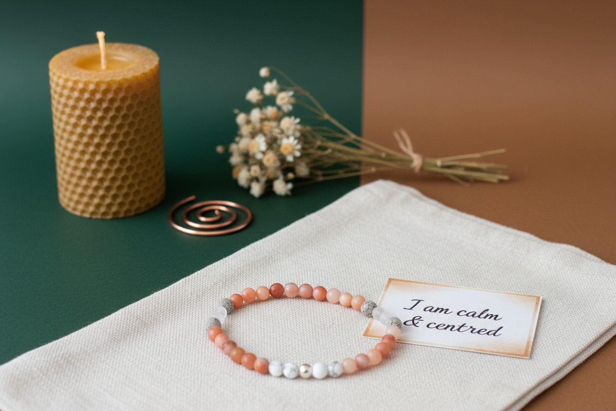 Beaded bracelet on a white cloth with a candle and flowers in the background