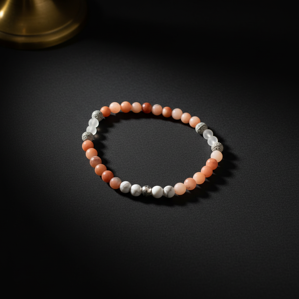 A beaded stretch bracelet featuring peach, orange, and pale pink round beads, accented with white translucent beads and textured silver spacer beads, displayed on a dark background.