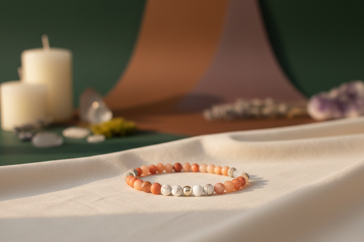Veilbalance Bracelet by Jewellery by JN, featuring howlite, peach aventurine, matte clear quartz, grey volcanic rock, and a central sterling silver bead, displayed on a neutral background