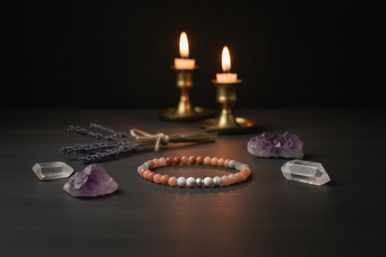 A beaded bracelet with peach, white, and gray beads is displayed on a dark wooden surface, surrounded by crystals, dried lavender, and two lit candles in the background.