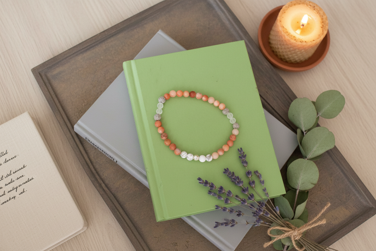 "Flat lay of Veilbalance Bracelet with white, peach, clear, and grey gemstone beads and a single sterling silver bead at the centre, ritual jewellery by JN.