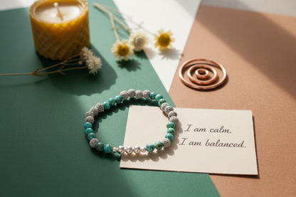 Wayfinder Bracelet by Jewellery by JN with handwritten affirmation card, styled with ritual props on a green background.