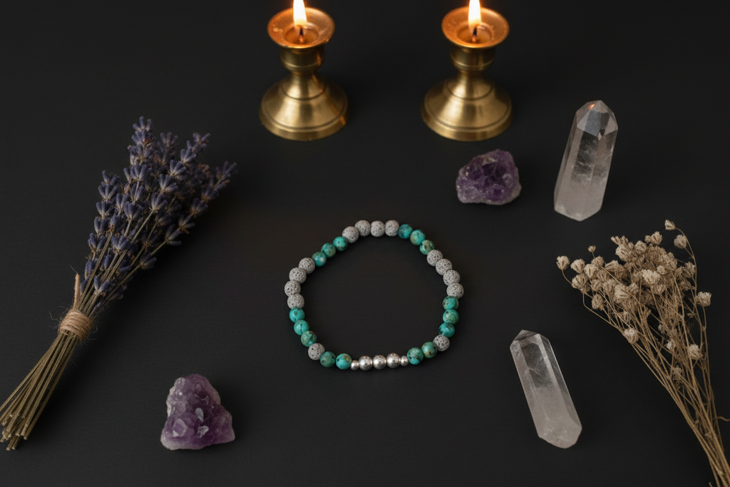 A beaded bracelet with turquoise, gray, and white beads is arranged on a dark surface with crystals, dried lavender, and two lit brass candles as styled props.