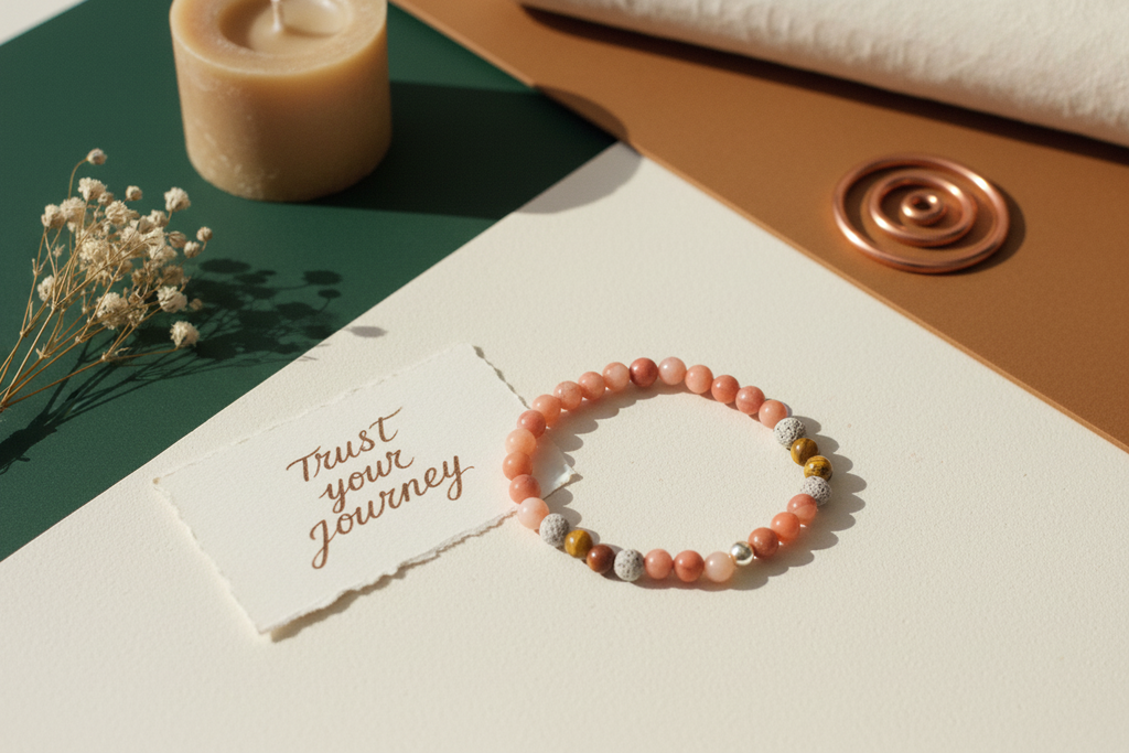 Beaded bracelet on a card with 'Trust Your Journey' text, next to a candle and dried flowers.