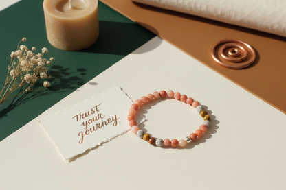 Beaded bracelet on a card with 'Trust Your Journey' text, next to a candle and dried flowers.