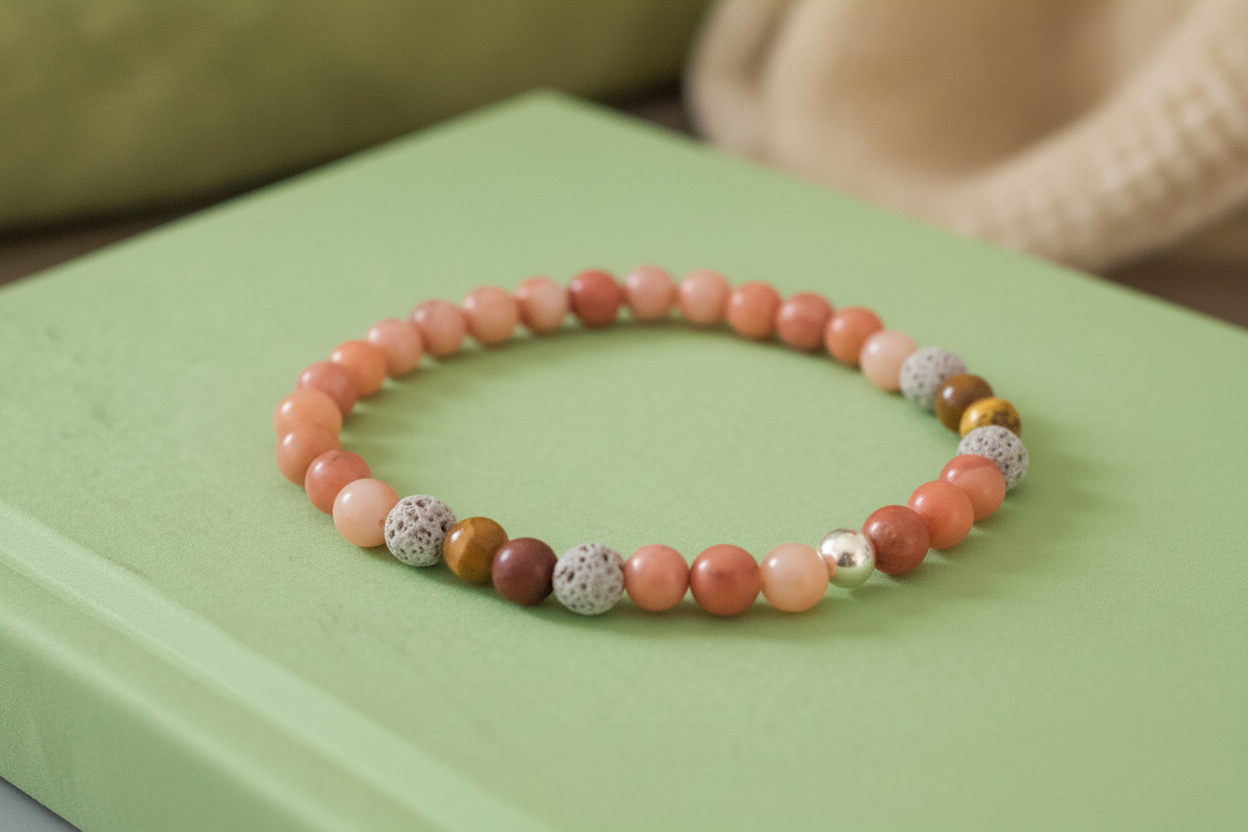 Multicolored beaded bracelet on a green surface with a blurred background