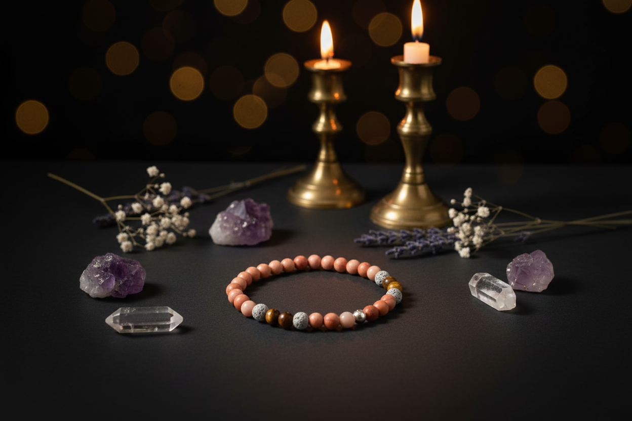 A beaded bracelet with peach, brown, and gray beads is displayed on a dark surface, surrounded by purple crystals, dried baby's breath, and two lit brass candlesticks against a dark background with warm bokeh lights.