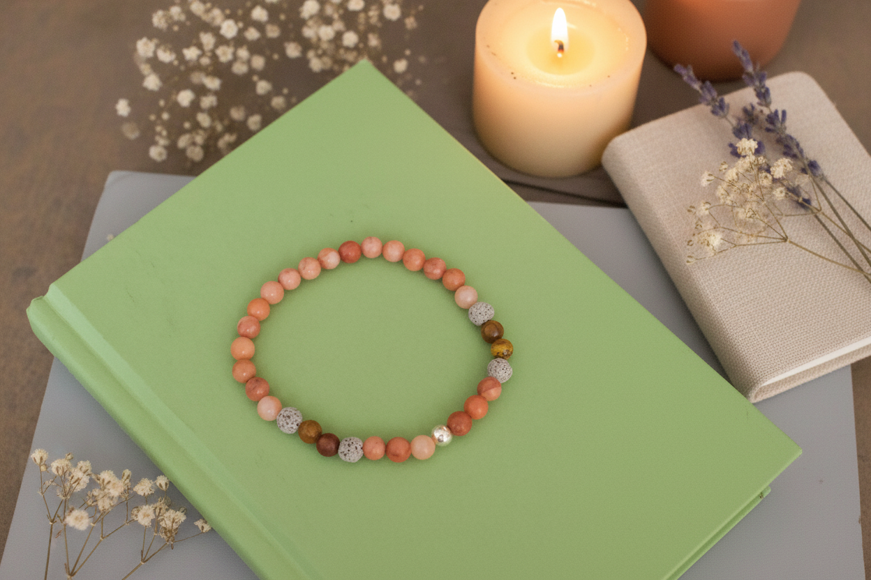 Beaded bracelet on a green book with a candle and flowers in the background