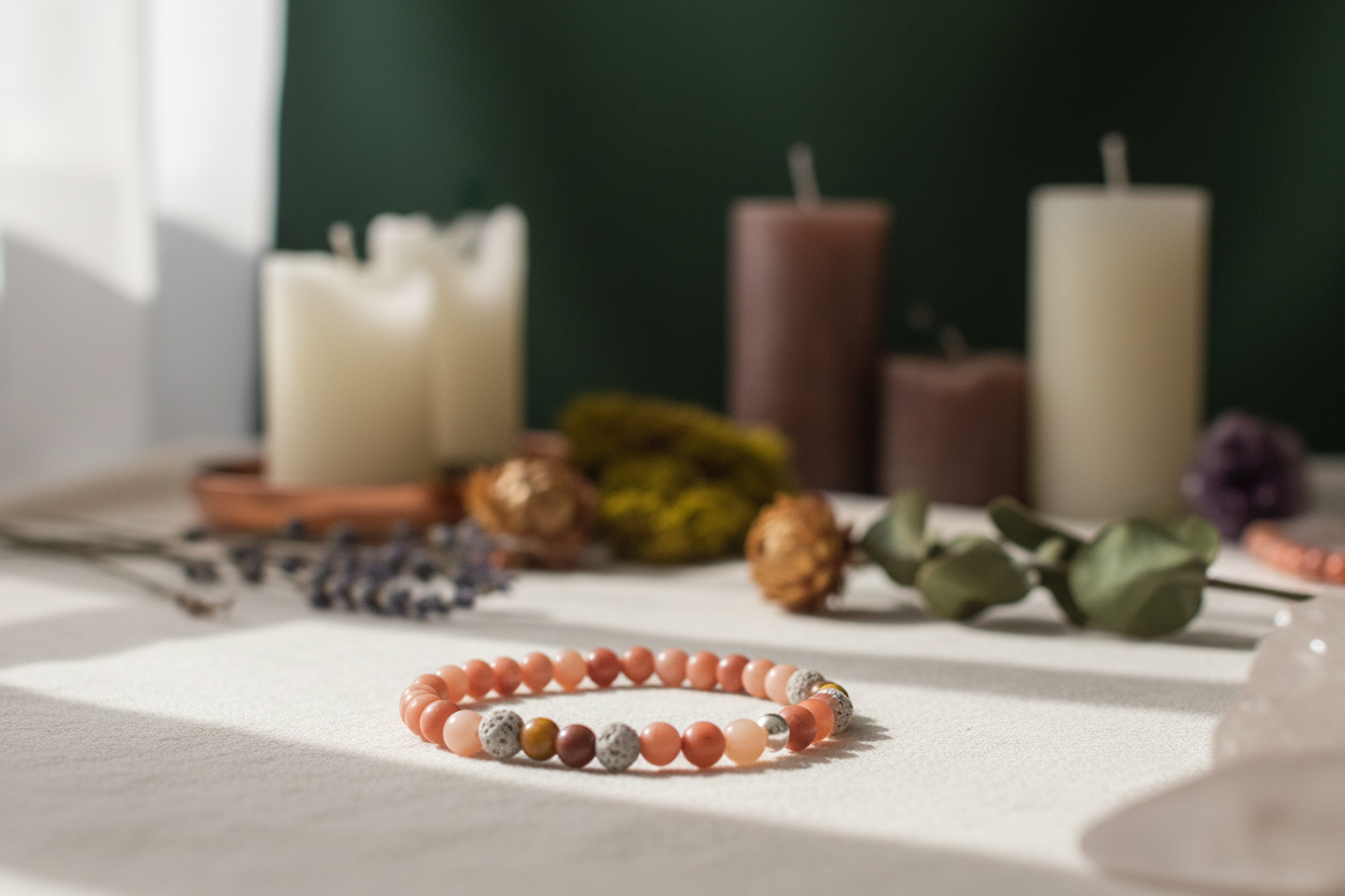 Colorful beaded bracelet on a white surface with candles and decorative items in the background