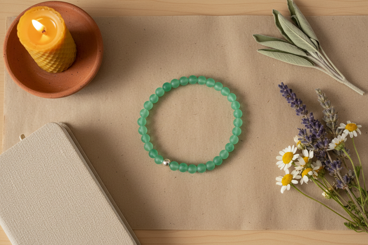 Verdant Mercy Bracelet by Jewellery by JN, featuring matte aventurine and a single sterling silver bead, arranged in a flat lay on a neutral background.