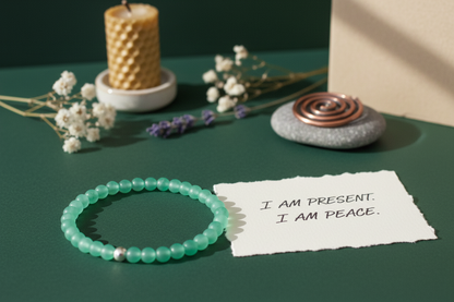 Verdant Mercy Bracelet by Jewellery by JN with handwritten affirmation card, styled with ritual props on a creamy background.