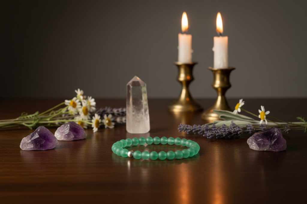 A green beaded bracelet is displayed on a dark wooden table, surrounded by crystals, lavender, chamomile flowers, and two lit candles in brass holders against a dark background.