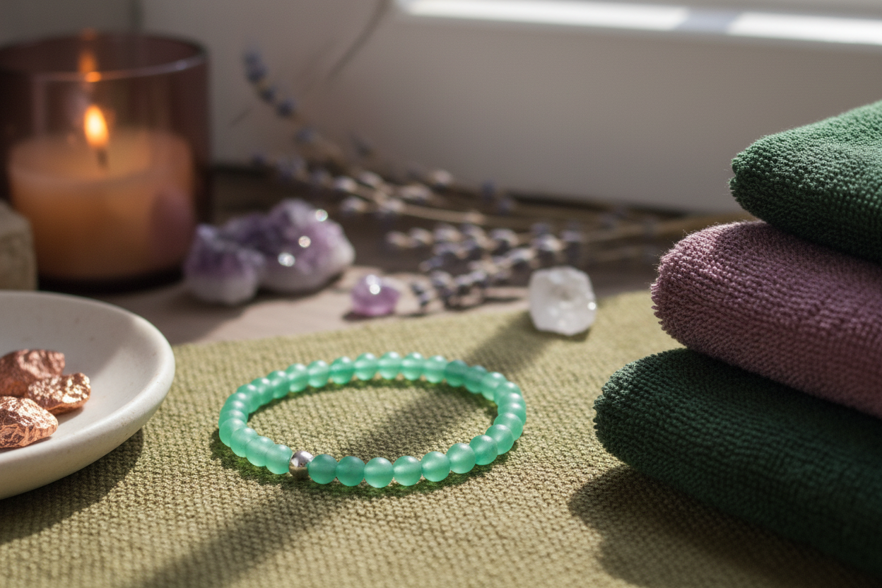 Verdant Mercy Bracelet styled with ritual props, featuring matte aventurine and a silver bead, Jewellery by JN.