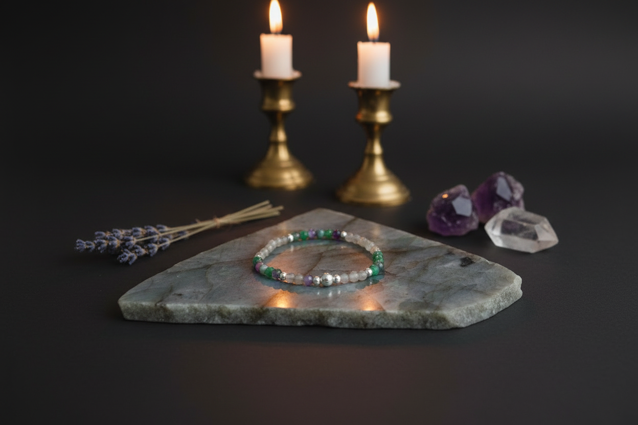 A beaded bracelet with green, purple, and white beads rests on a gray stone slab, styled with lavender sprigs, raw crystal clusters, and two lit gold candlesticks against a dark background.