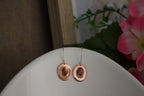 Solar Ember Earrings by Jewellery by JN – one-of-a-kind AAA peach sunstone, hand-forged copper, fine silver bezel, sterling silver ear wires