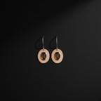 A pair of minimalist dangle earrings featuring circular peach-pink metal discs with a central oval amber-brown stone, suspended from thin silver-toned hooks against a dark black background.