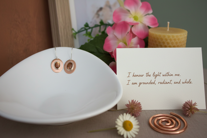 Solar Ember Earrings by Jewellery by JN with handwritten affirmation card and ritual props on a creamy background.