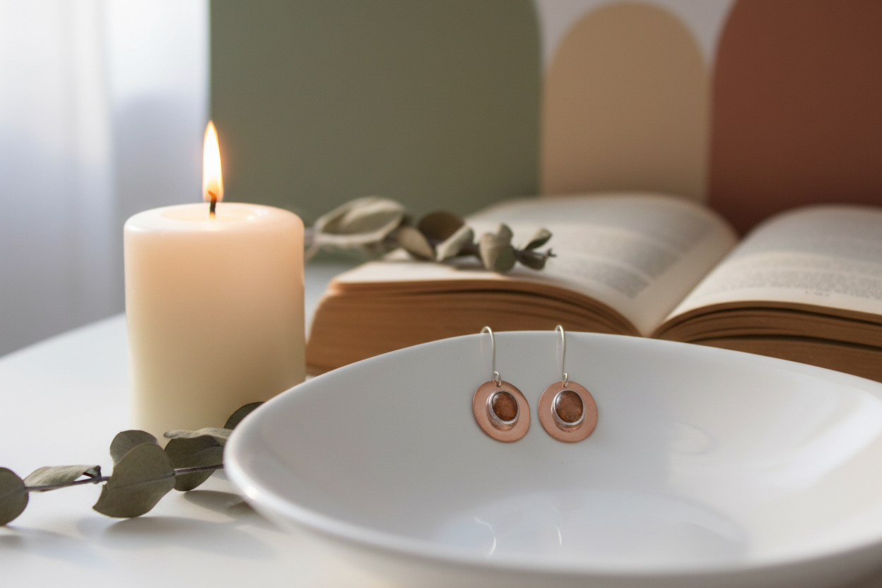 Close-up of Solar Ember Earrings by Jewellery by JN, highlighting sunstone, fine silver bezel, and copper disc.