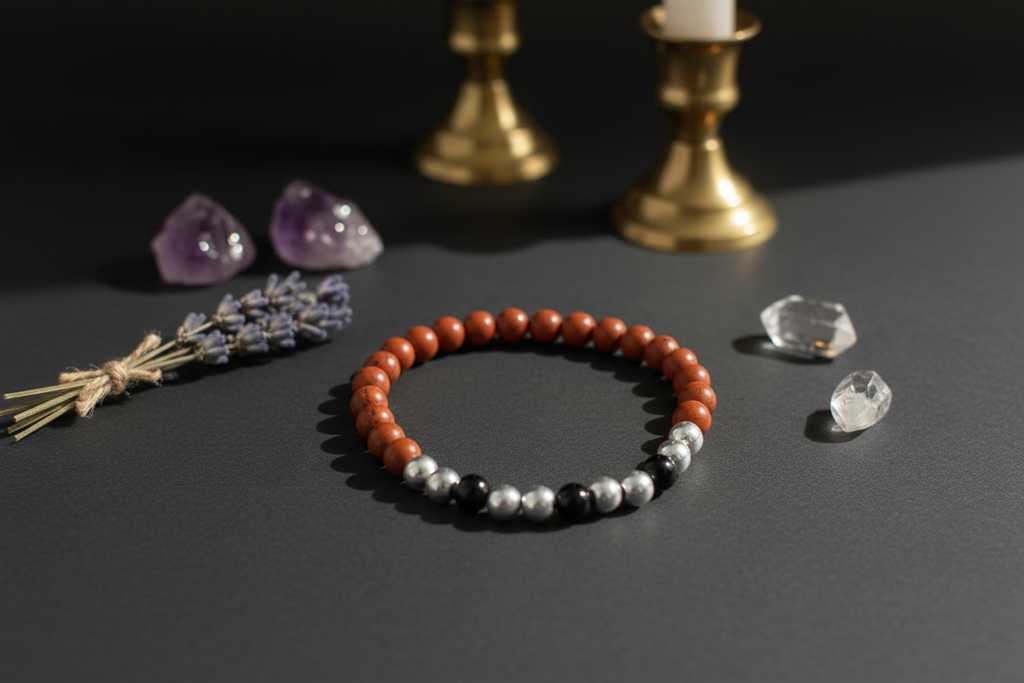 A beaded stretch bracelet with terracotta orange, white, and black beads, styled on a dark gray surface with lavender, crystals, and brass candlesticks in the background.