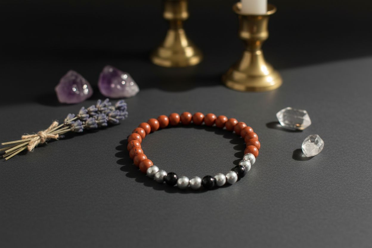 A beaded stretch bracelet with terracotta orange, white, and black beads, styled on a dark gray surface with lavender, crystals, and brass candlesticks in the background.