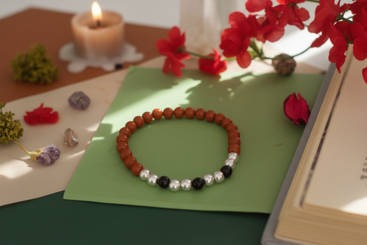 Bracelet with red beads on a green surface with flowers and candles in the background
