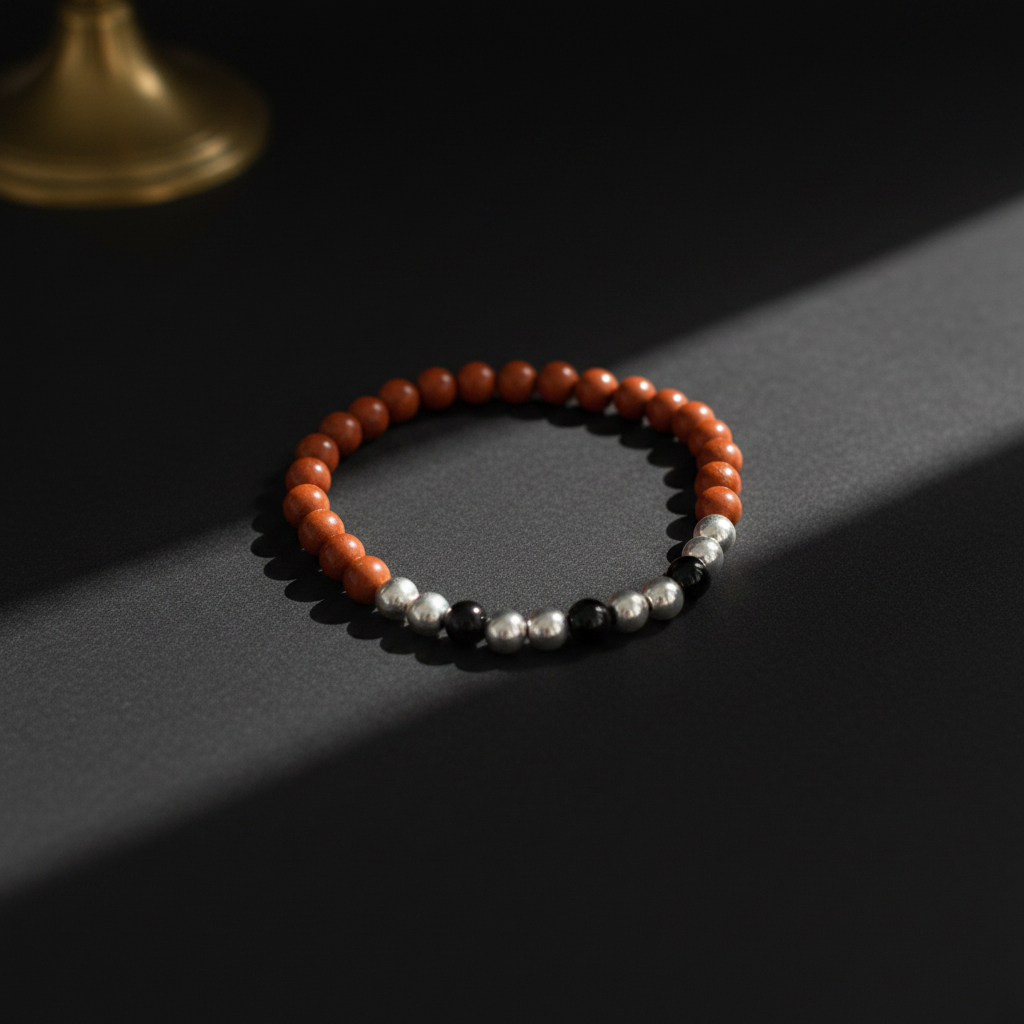 A beaded stretch bracelet with orange-red round beads, separated by small silver and black beads, displayed on a dark surface with dramatic side lighting.