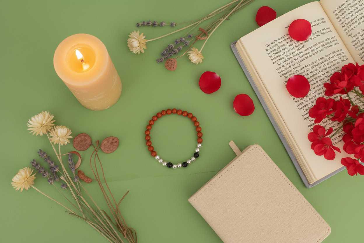 Open book with red flowers, candle, bracelet, and notebook on a green background