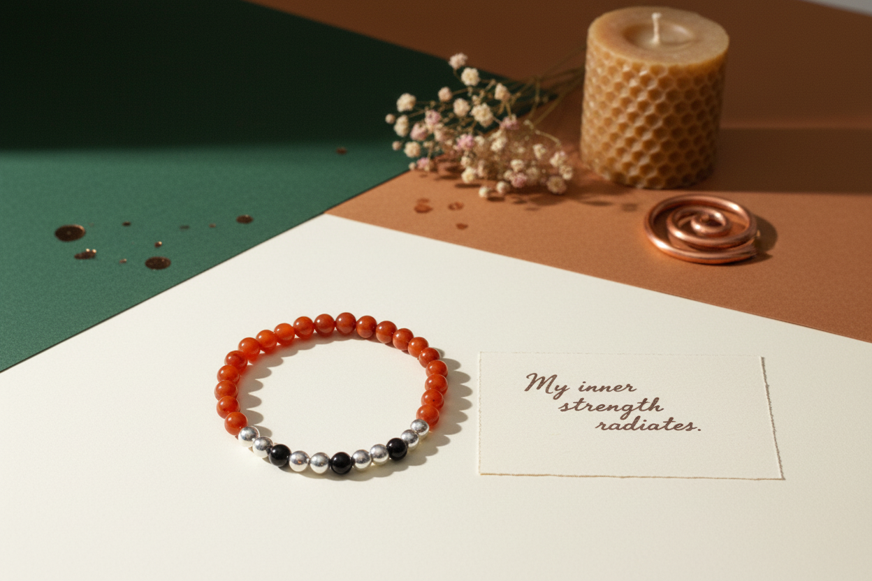 Multicolored beaded bracelet on a white surface with a card and candle in the background