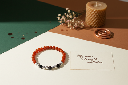 Multicolored beaded bracelet on a white surface with a card and candle in the background